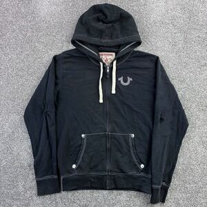 True Religion Hoodie Mens Large Black Full Zip Thick Stitching Logo Embroidered